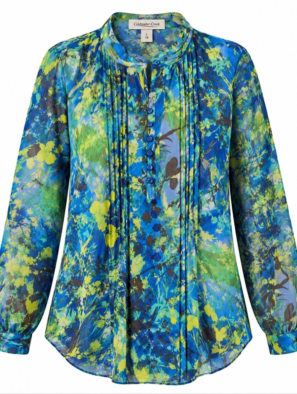 COLDWATER CREEK | Sheer Blue Green Spring Floral Long Sleeve Blouse Top | L 14